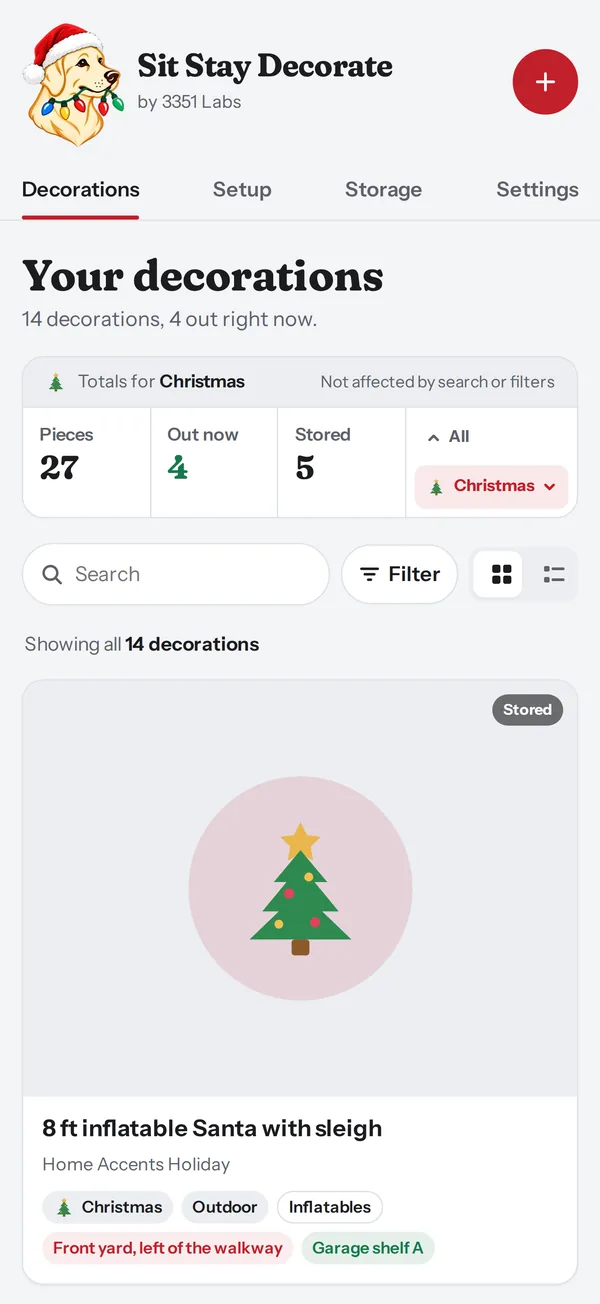 The Decorations screen listing a 9 ft Christmas tree, roof line lights and an inflatable Santa, with totals for Christmas