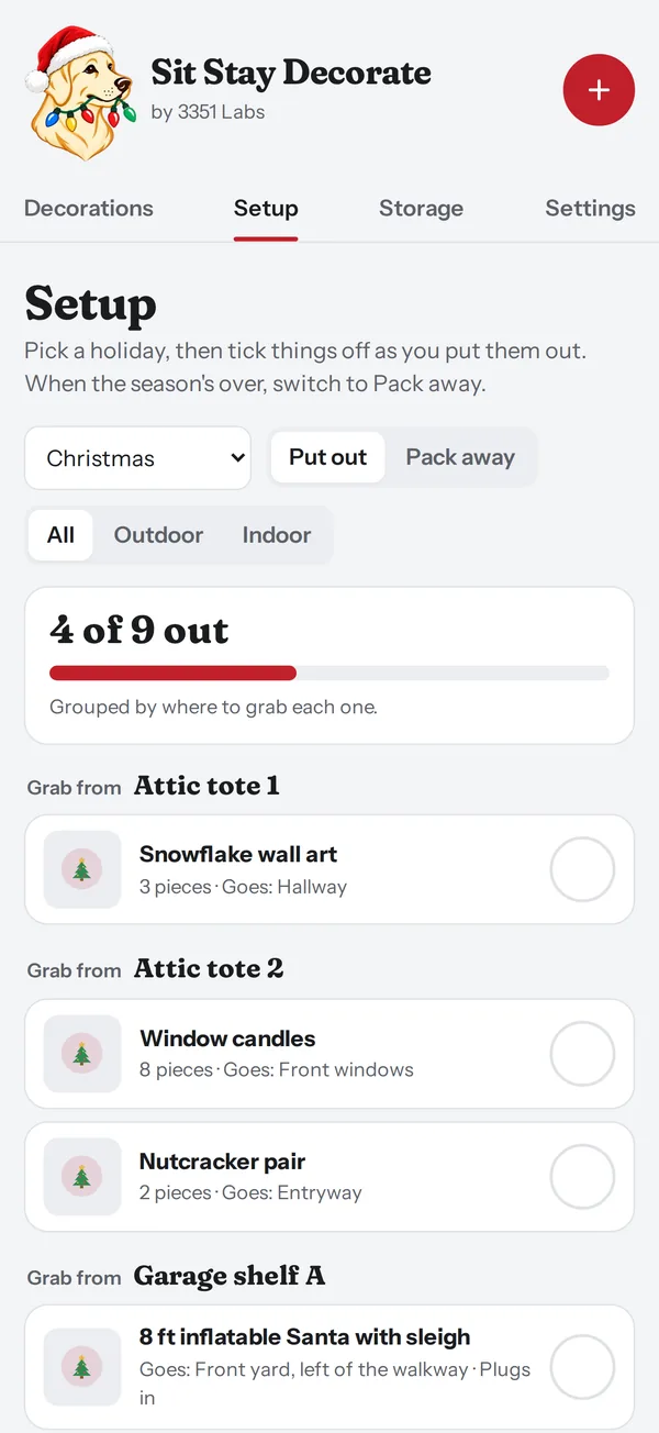 The Setup checklist showing 4 of 9 Christmas decorations out, grouped by Attic tote 1 and Attic tote 2