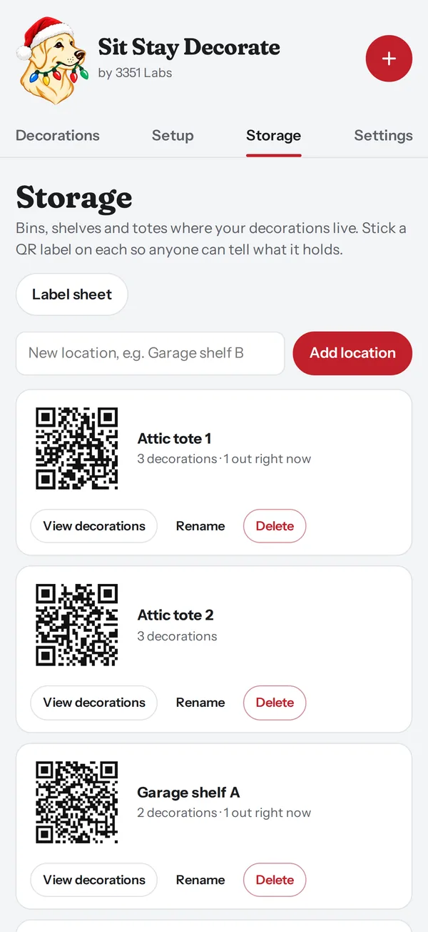 The Storage screen with QR labels for Attic tote 1, Attic tote 2 and Garage shelf A
